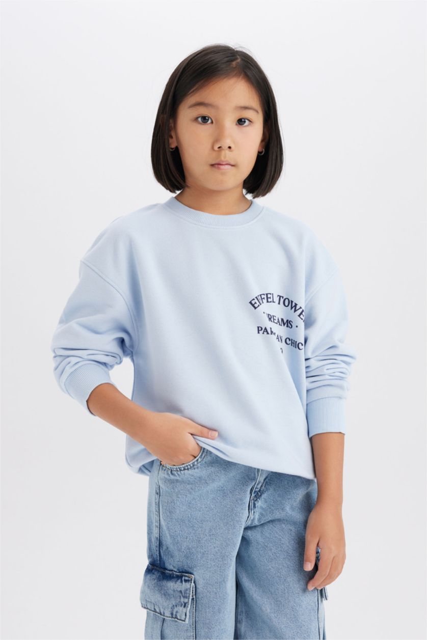 Kız Çocuk - Genç Kız Açık Mavi Relax Fit Bisiklet Yaka Baskılı Sweatshirt Kız Çocuk