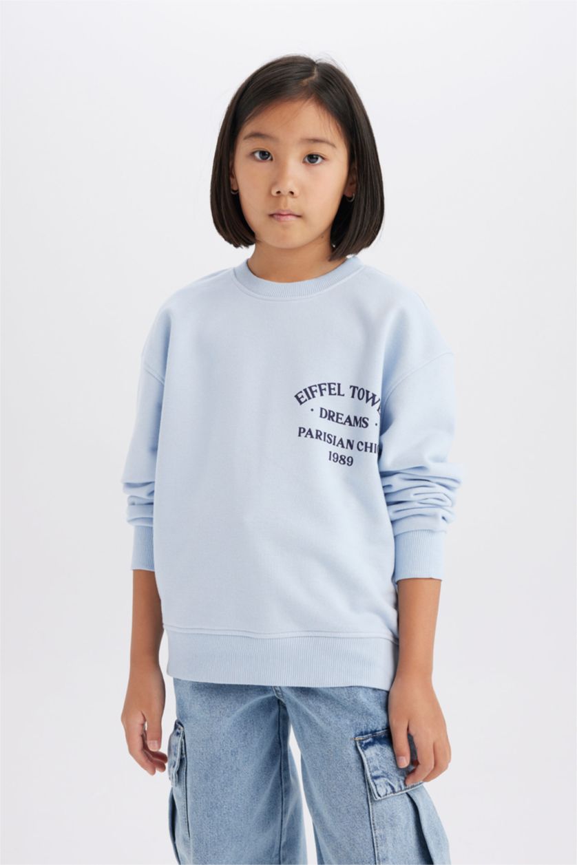 Kız Çocuk - Genç Kız Açık Mavi Relax Fit Bisiklet Yaka Baskılı Sweatshirt Kız Çocuk