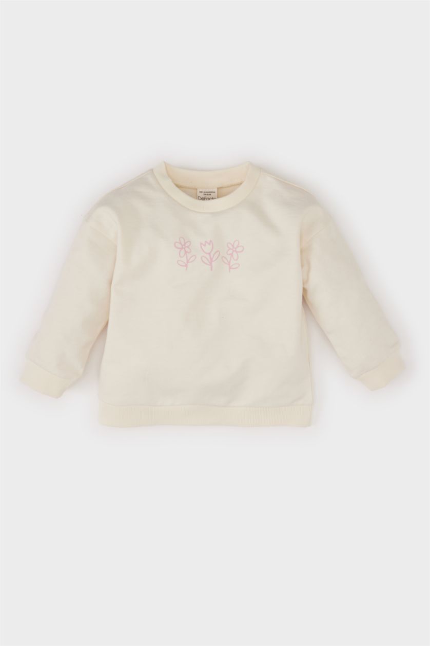 Kız Bebek Ekru Bisiklet Yaka Baskılı Sweatshirt Kız Bebek