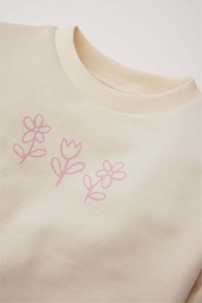 Kız Bebek Ekru Bisiklet Yaka Baskılı Sweatshirt Kız Bebek