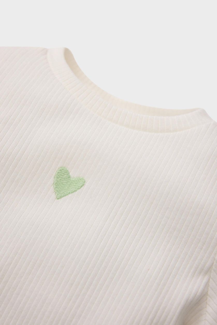 BABY GIRL Ecru Baby Girl Crew Neck Printed Corduroy T-Shirt