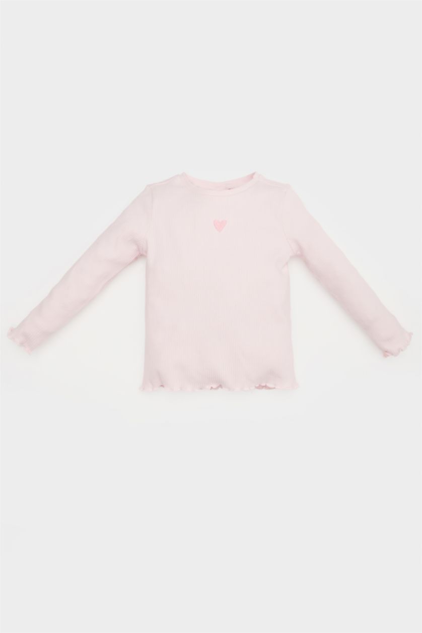 BABY GIRL Light Pink Girl Crew Neck Heart Patterned Ribbed Camisole T-Shirt