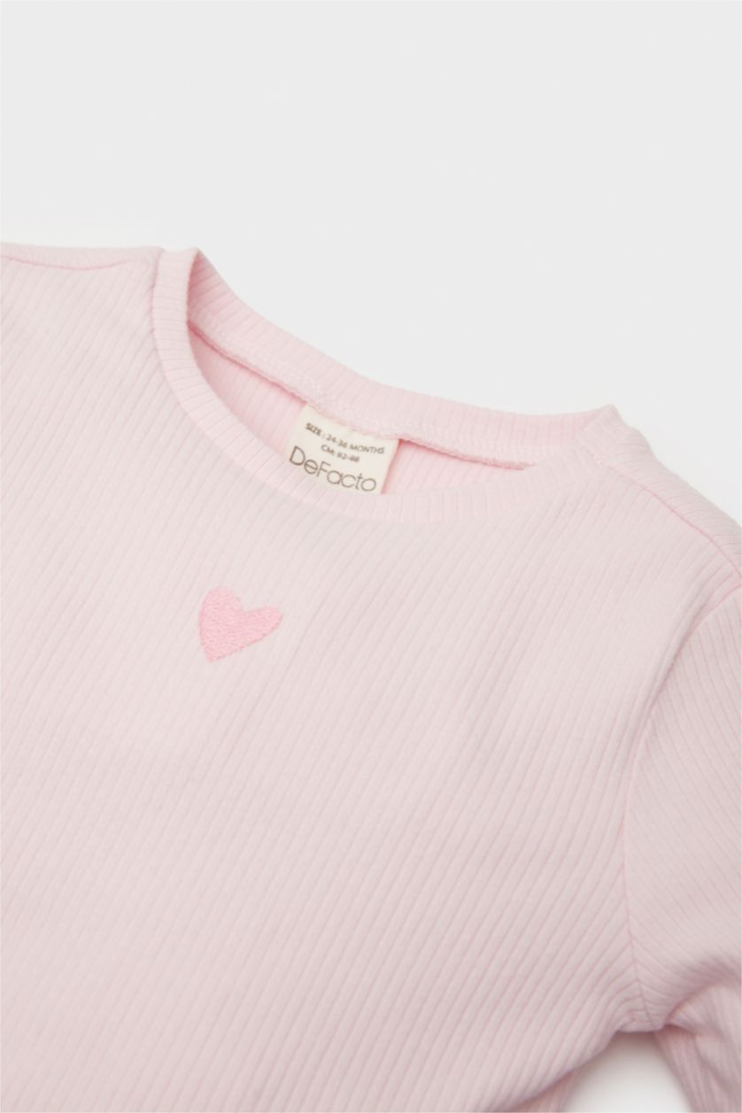 BABY GIRL Light Pink Girl Crew Neck Heart Patterned Ribbed Camisole T-Shirt