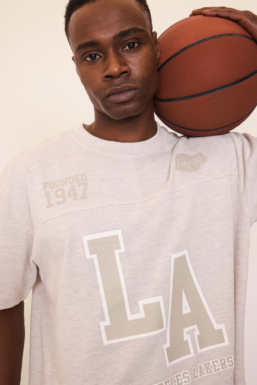 MAN Beige Melange DeFactoFit NBA Los Angeles Lakers Oversize Fit Pique T-Shirt