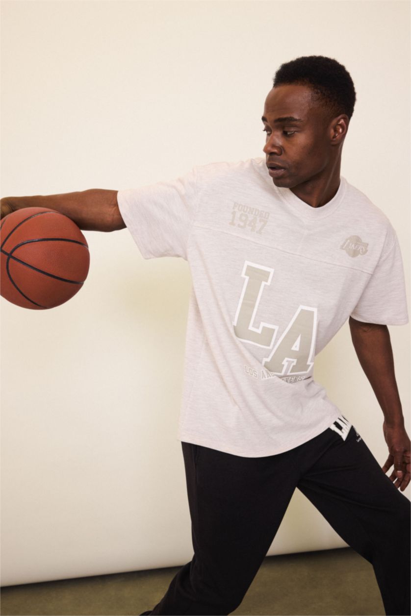 MAN Beige Melange DeFactoFit NBA Los Angeles Lakers Oversize Fit Pique T-Shirt