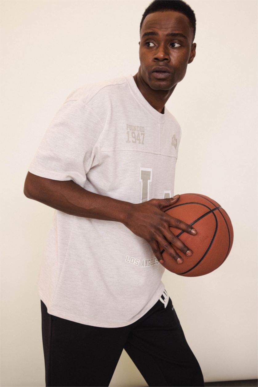 MAN Beige Melange DeFactoFit NBA Los Angeles Lakers Oversize Fit Pique T-Shirt