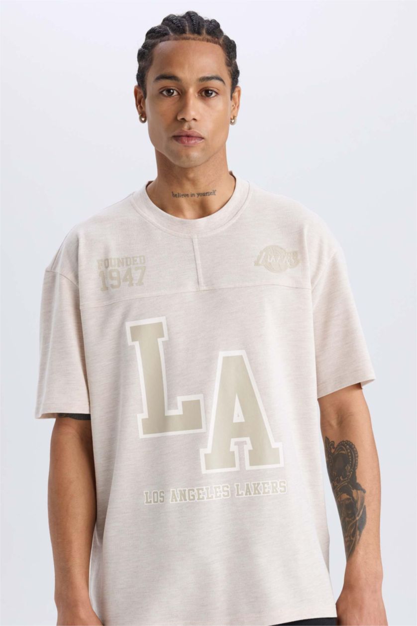 MAN Beige Melange DeFactoFit NBA Los Angeles Lakers Oversize Fit Pique T-Shirt