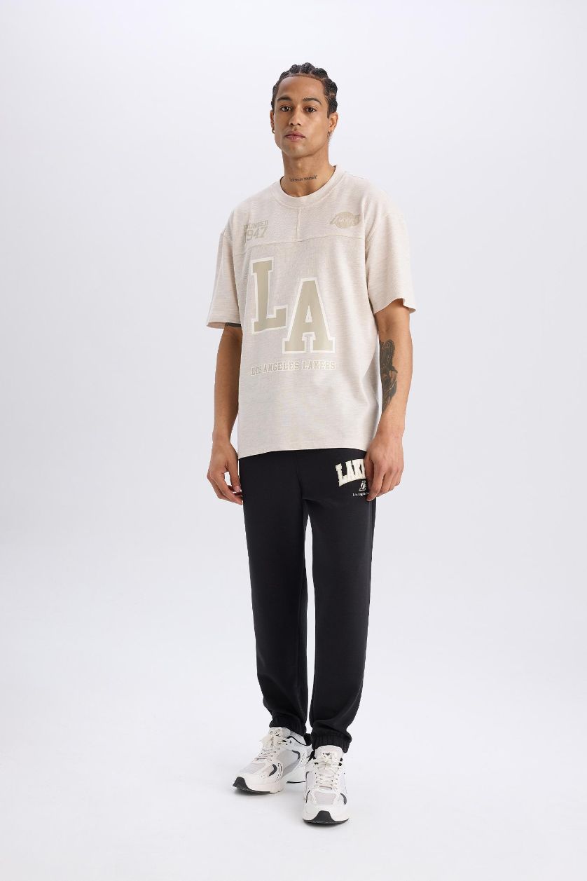 MAN Beige Melange DeFactoFit NBA Los Angeles Lakers Oversize Fit Pique T-Shirt