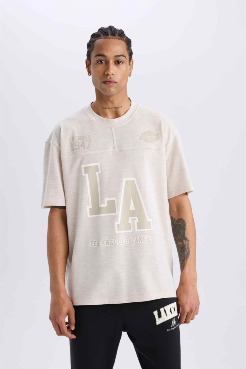 MAN Beige Melange DeFactoFit NBA Los Angeles Lakers Oversize Fit Pique T-Shirt