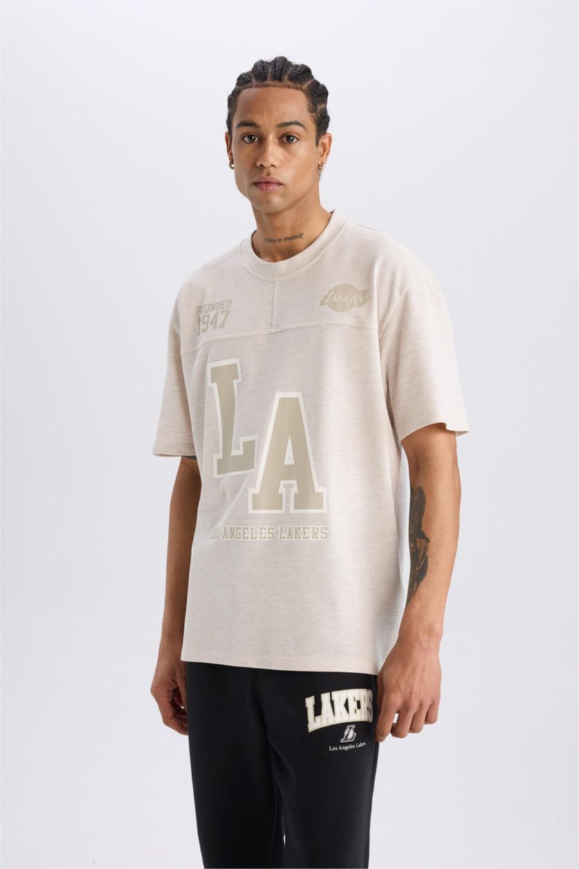 MAN Beige Melange DeFactoFit NBA Los Angeles Lakers Oversize Fit Pique T-Shirt