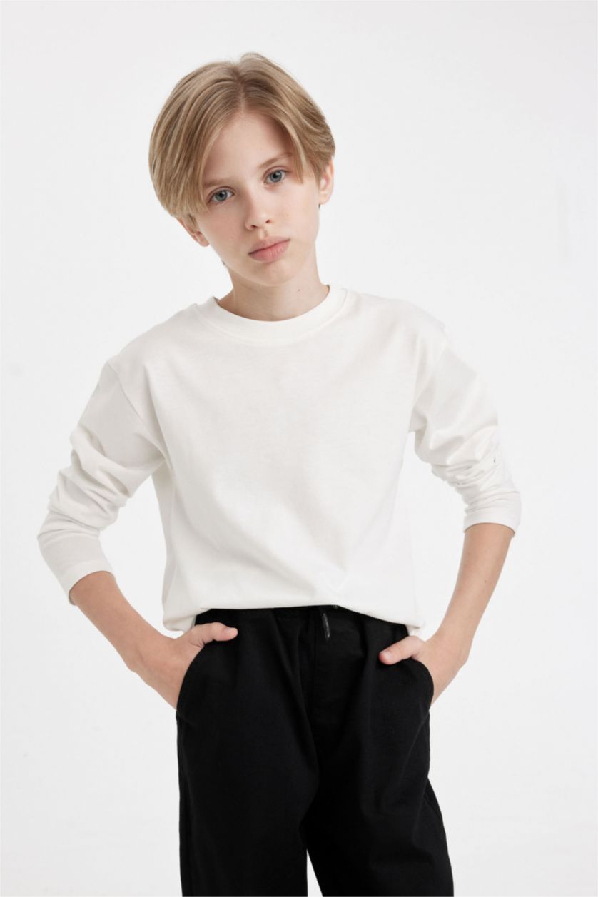 Erkek Çocuk - Genç Erkek Kırık Beyaz Erkek Çocuk Bisiklet Yaka Basic Düz Uzun Kollu Tişört