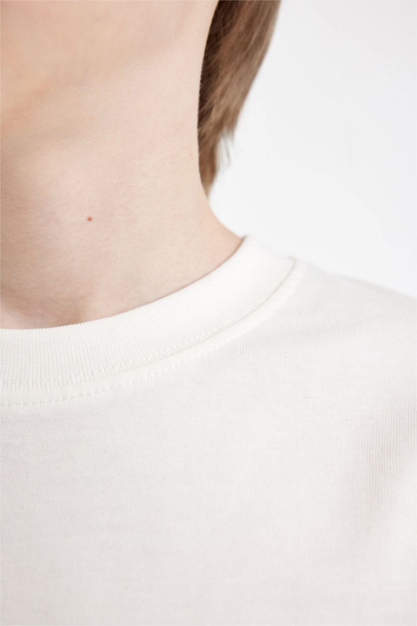 Erkek Çocuk - Genç Erkek Kırık Beyaz Erkek Çocuk Bisiklet Yaka Basic Düz Uzun Kollu Tişört