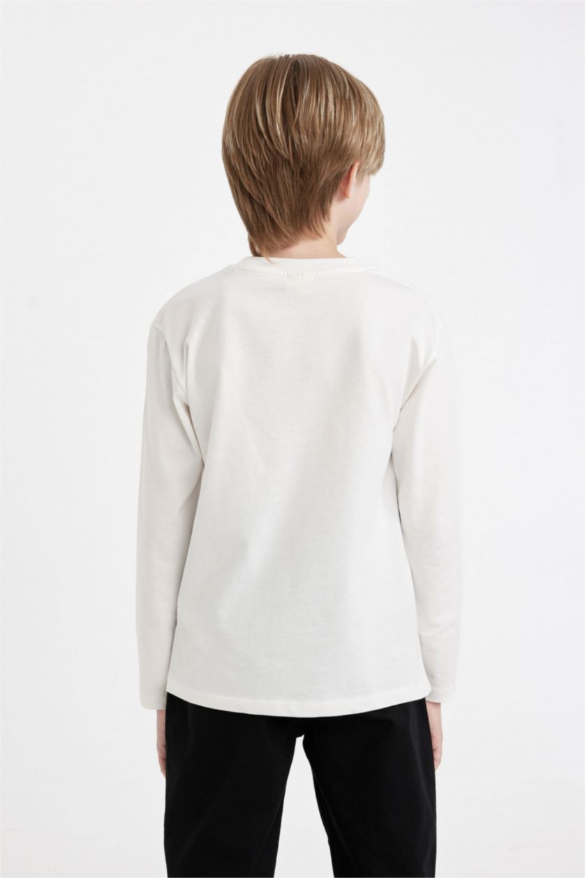 Erkek Çocuk - Genç Erkek Kırık Beyaz Erkek Çocuk Bisiklet Yaka Basic Düz Uzun Kollu Tişört