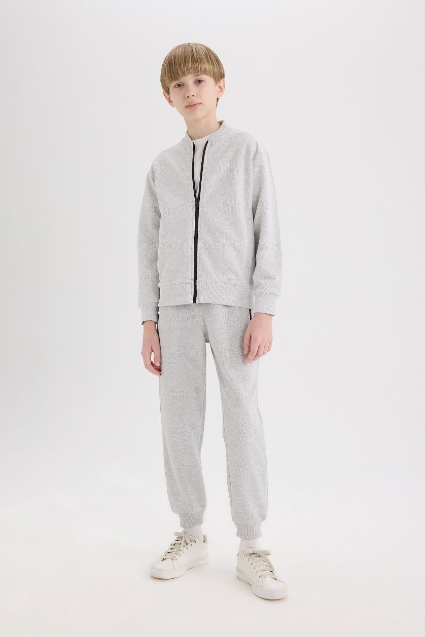 Erkek Çocuk - Genç Erkek Optik Gri Melanj Kolej Yaka Bomber Pike Hırka Erkek Çocuk