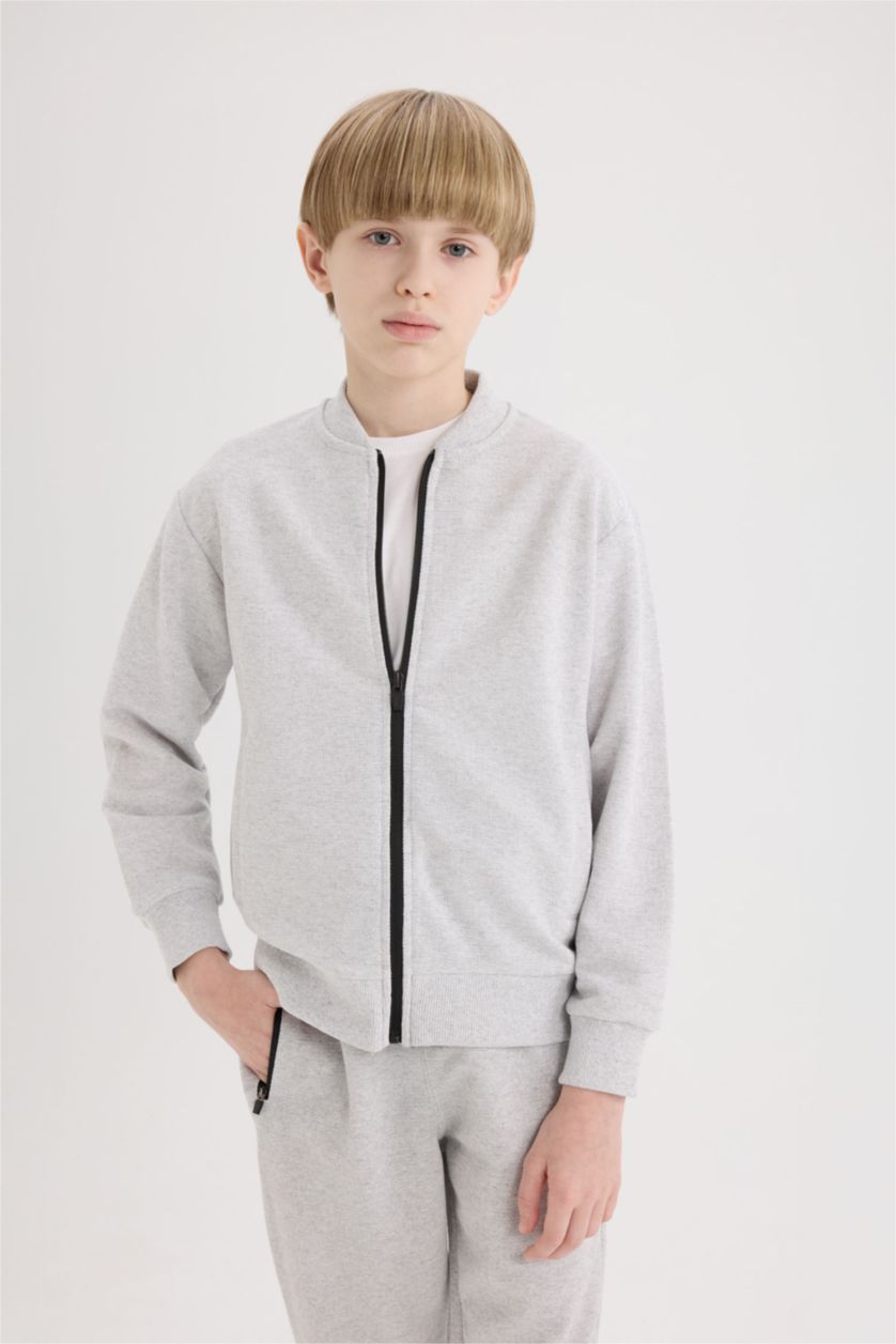 Erkek Çocuk - Genç Erkek Optik Gri Melanj Kolej Yaka Bomber Pike Hırka Erkek Çocuk