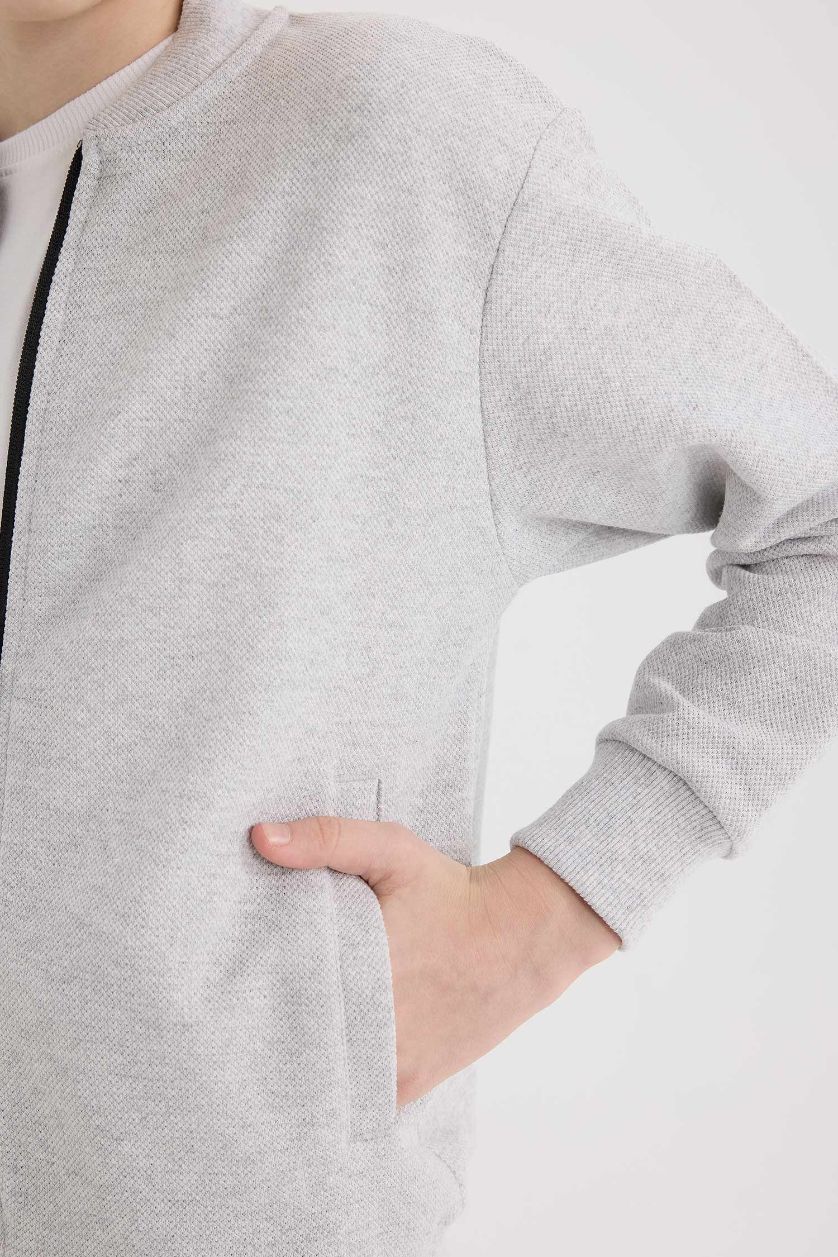 Erkek Çocuk - Genç Erkek Optik Gri Melanj Kolej Yaka Bomber Pike Hırka Erkek Çocuk