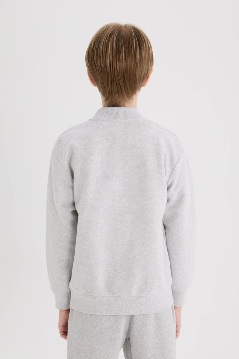 Erkek Çocuk - Genç Erkek Optik Gri Melanj Kolej Yaka Bomber Pike Hırka Erkek Çocuk