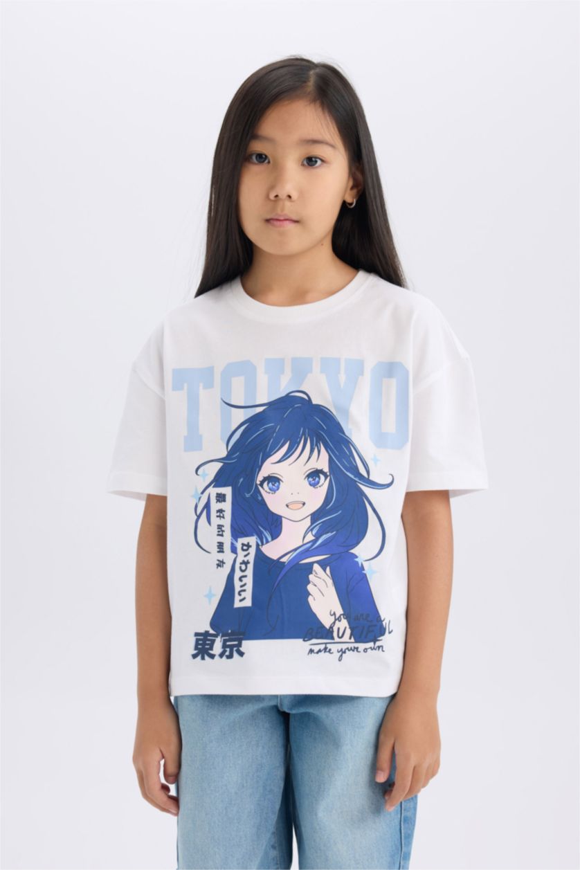 Kız Çocuk - Genç Kız Beyaz Relax Fit Bisiklet Yaka Baskılı Kısa Kollu Tişört Kız Çocuk