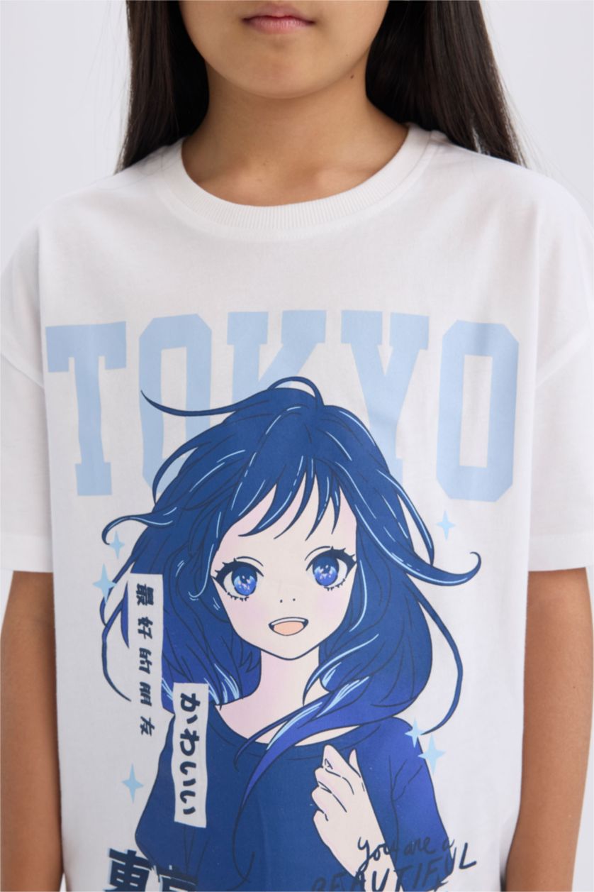 Kız Çocuk - Genç Kız Beyaz Relax Fit Bisiklet Yaka Baskılı Kısa Kollu Tişört Kız Çocuk