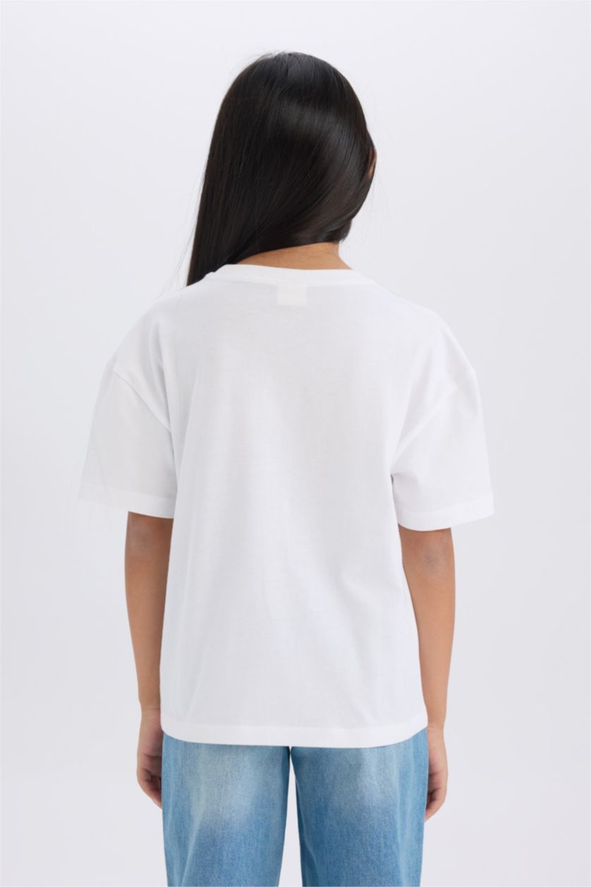Kız Çocuk - Genç Kız Beyaz Relax Fit Bisiklet Yaka Baskılı Kısa Kollu Tişört Kız Çocuk