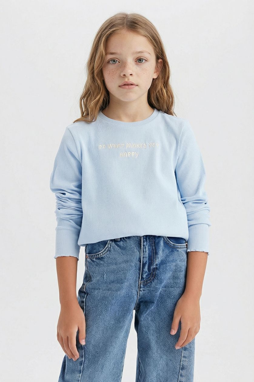Kız Çocuk - Genç Kız Açık Mavi Slim Fit Dar Kesim Bisiklet Yaka Baskılı Fitilli Kaşkorse Uzun Kollu Okul Tişörtü Kız Çocuk