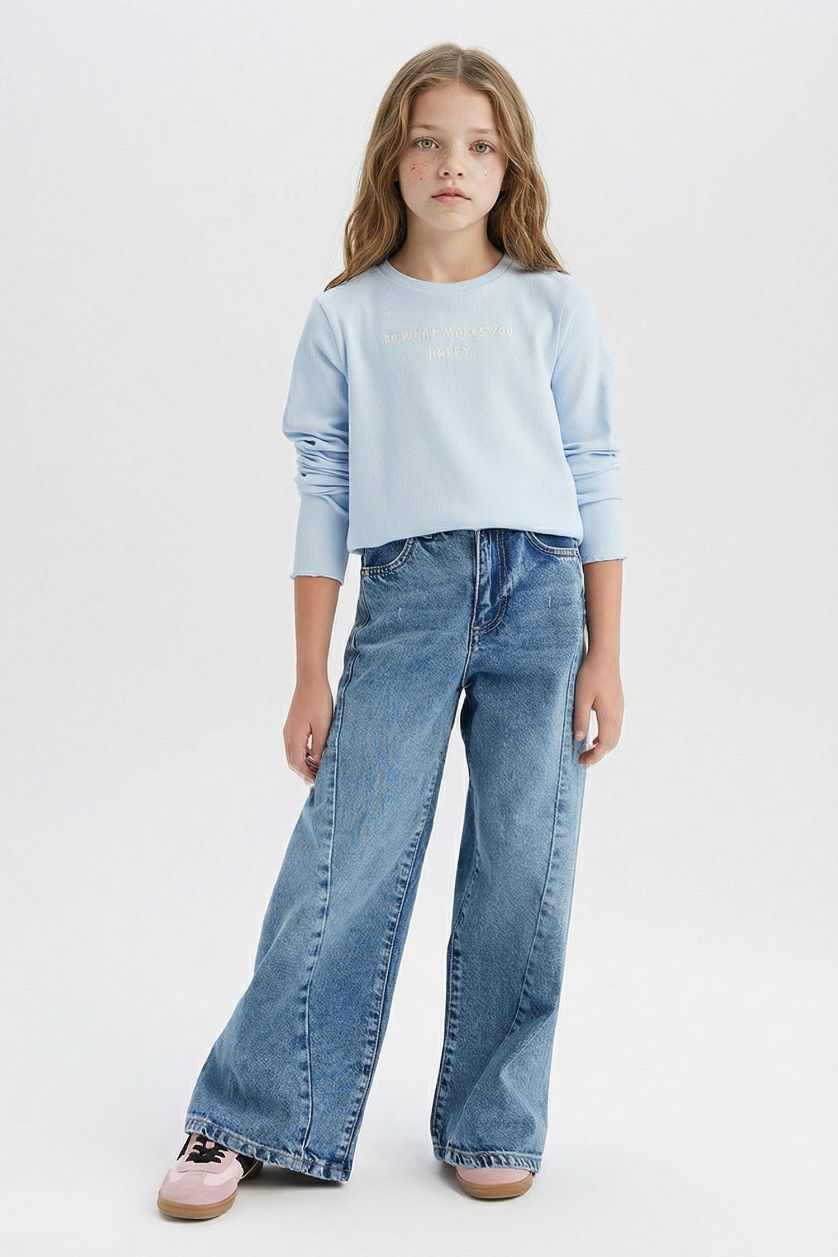 Kız Çocuk - Genç Kız Açık Mavi Slim Fit Dar Kesim Bisiklet Yaka Baskılı Fitilli Kaşkorse Uzun Kollu Okul Tişörtü Kız Çocuk