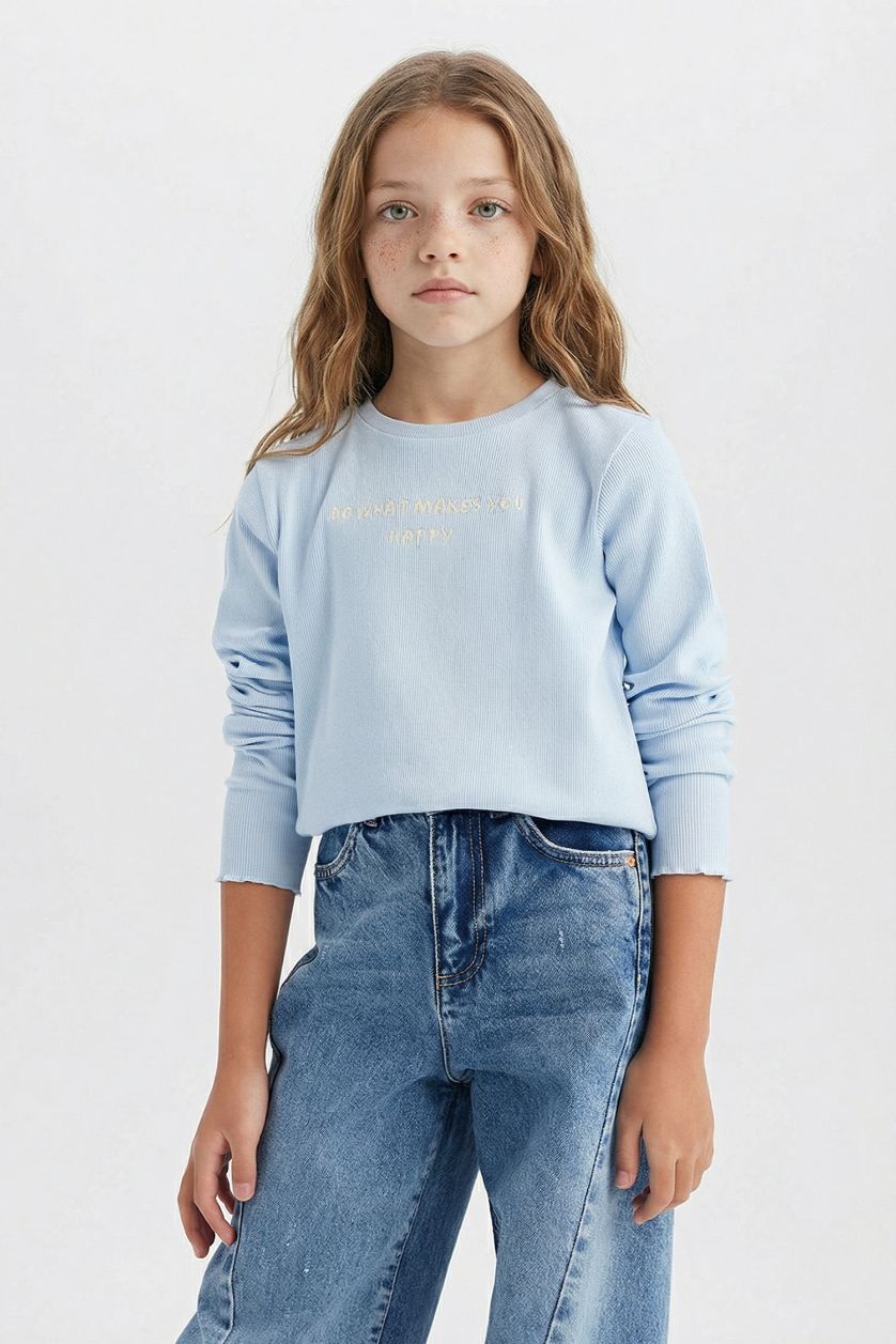 Kız Çocuk - Genç Kız Açık Mavi Slim Fit Dar Kesim Bisiklet Yaka Baskılı Fitilli Kaşkorse Uzun Kollu Okul Tişörtü Kız Çocuk