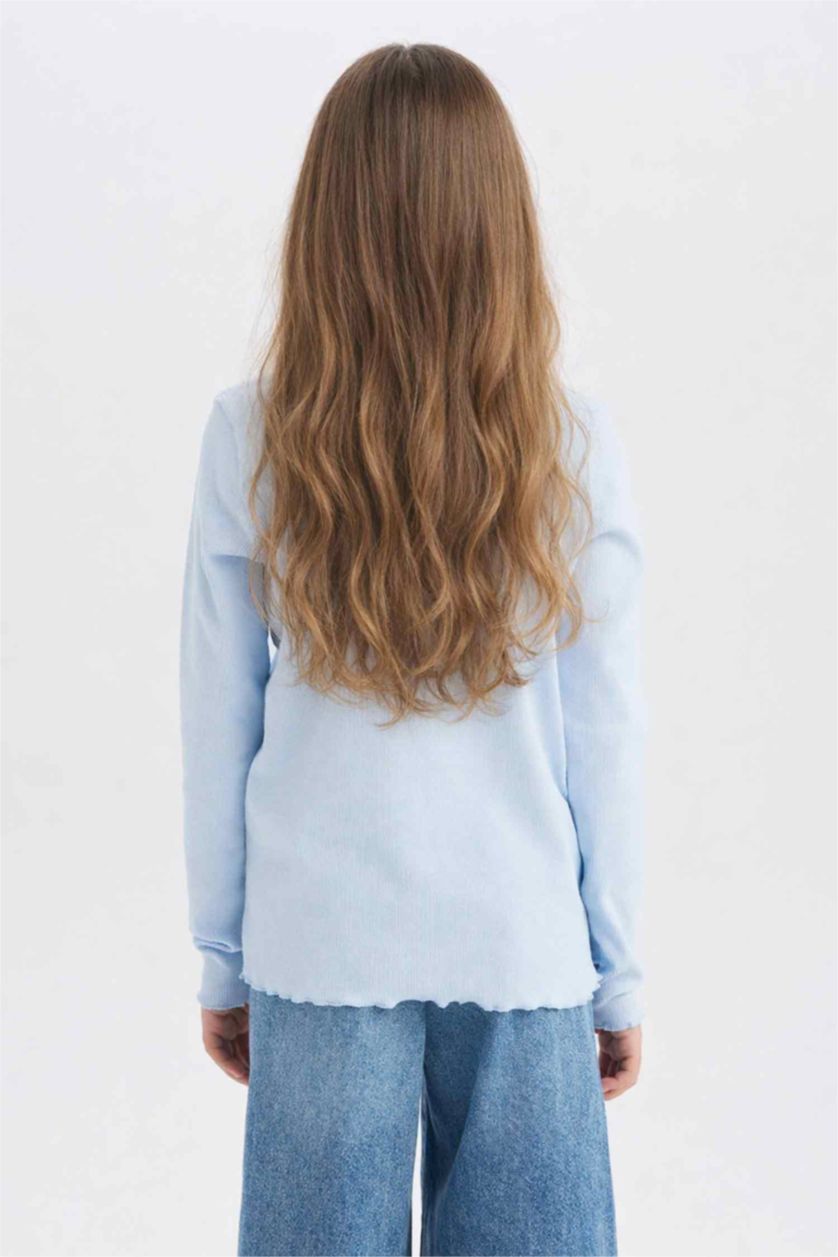 Kız Çocuk - Genç Kız Açık Mavi Slim Fit Dar Kesim Bisiklet Yaka Baskılı Fitilli Kaşkorse Uzun Kollu Okul Tişörtü Kız Çocuk