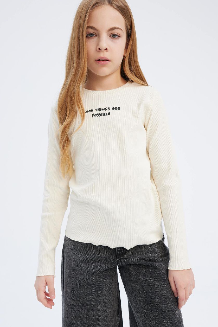 Kız Çocuk - Genç Kız Ekru Slim Fit Dar Kesim Bisiklet Yaka Baskılı Fitilli Kaşkorse Uzun Kollu Okul Tişörtü Kız Çocuk