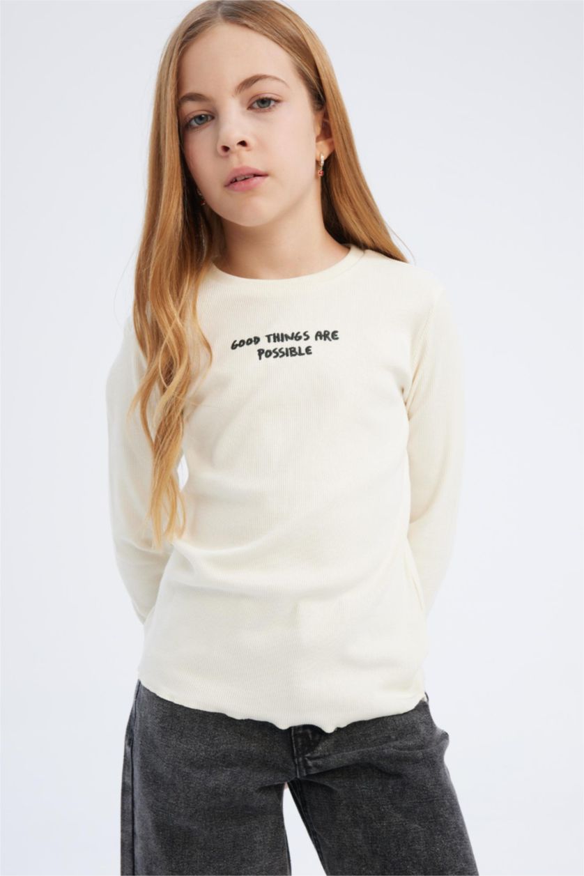 Kız Çocuk - Genç Kız Ekru Slim Fit Dar Kesim Bisiklet Yaka Baskılı Fitilli Kaşkorse Uzun Kollu Okul Tişörtü Kız Çocuk