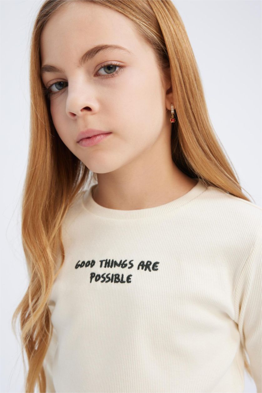 Kız Çocuk - Genç Kız Ekru Slim Fit Dar Kesim Bisiklet Yaka Baskılı Fitilli Kaşkorse Uzun Kollu Okul Tişörtü Kız Çocuk