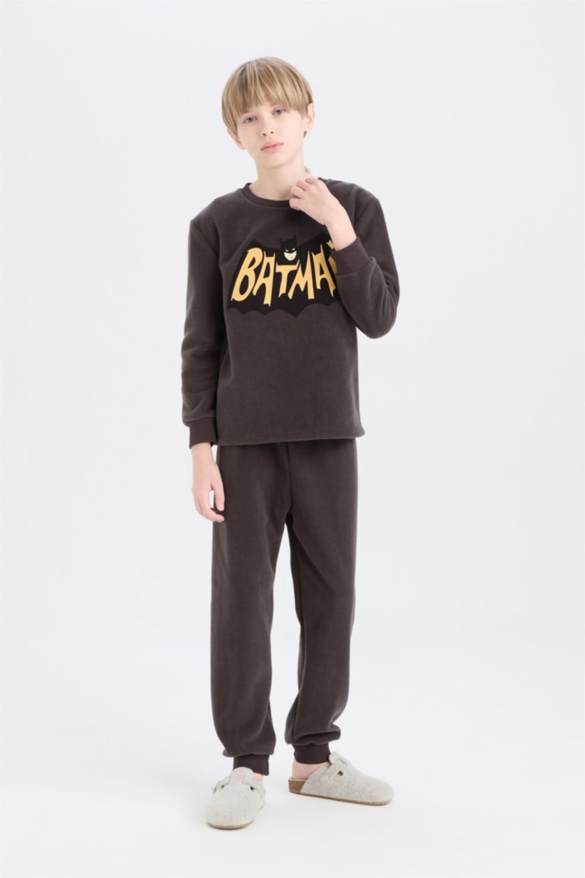 Erkek Çocuk - Genç Erkek Antrasit Erkek Çocuk Batman Pijama Takımı Polar Uzun Kollu Üst Beli Lastikli Uzun Alt