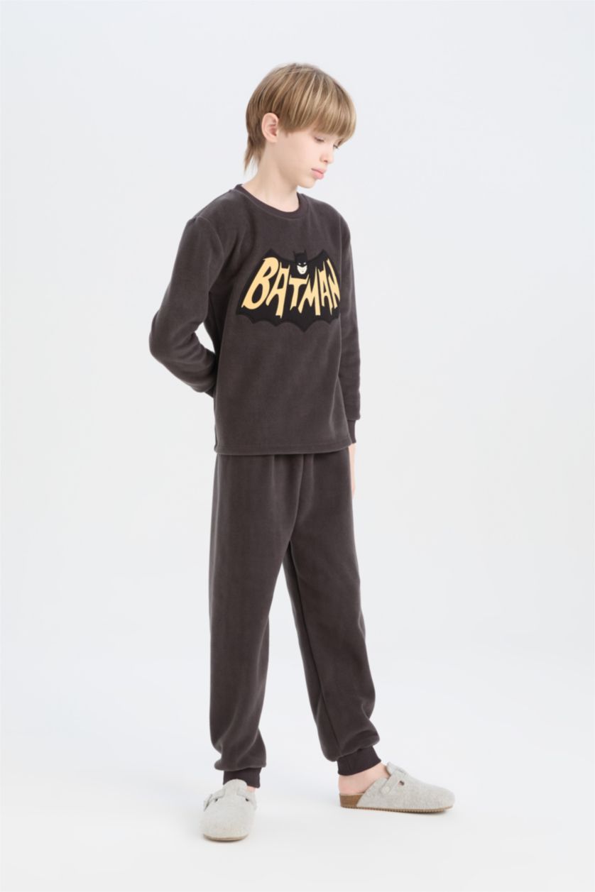 Erkek Çocuk - Genç Erkek Antrasit Erkek Çocuk Batman Pijama Takımı Polar Uzun Kollu Üst Beli Lastikli Uzun Alt