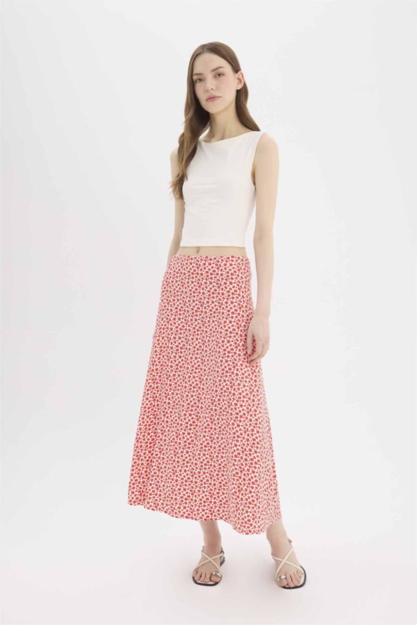 Woman Red A Cut Floral Normal Waist Maxi Skirt