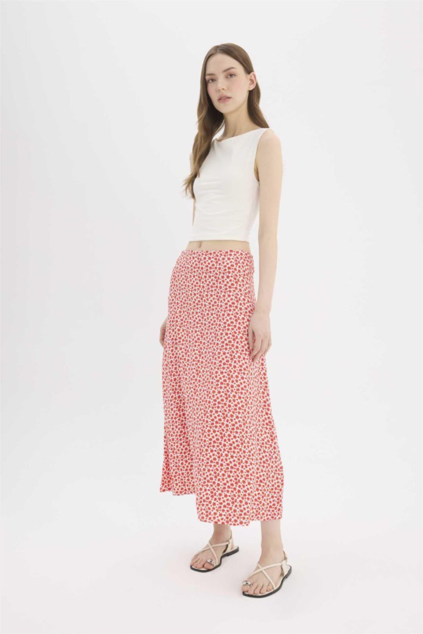Woman Red A Cut Floral Normal Waist Maxi Skirt