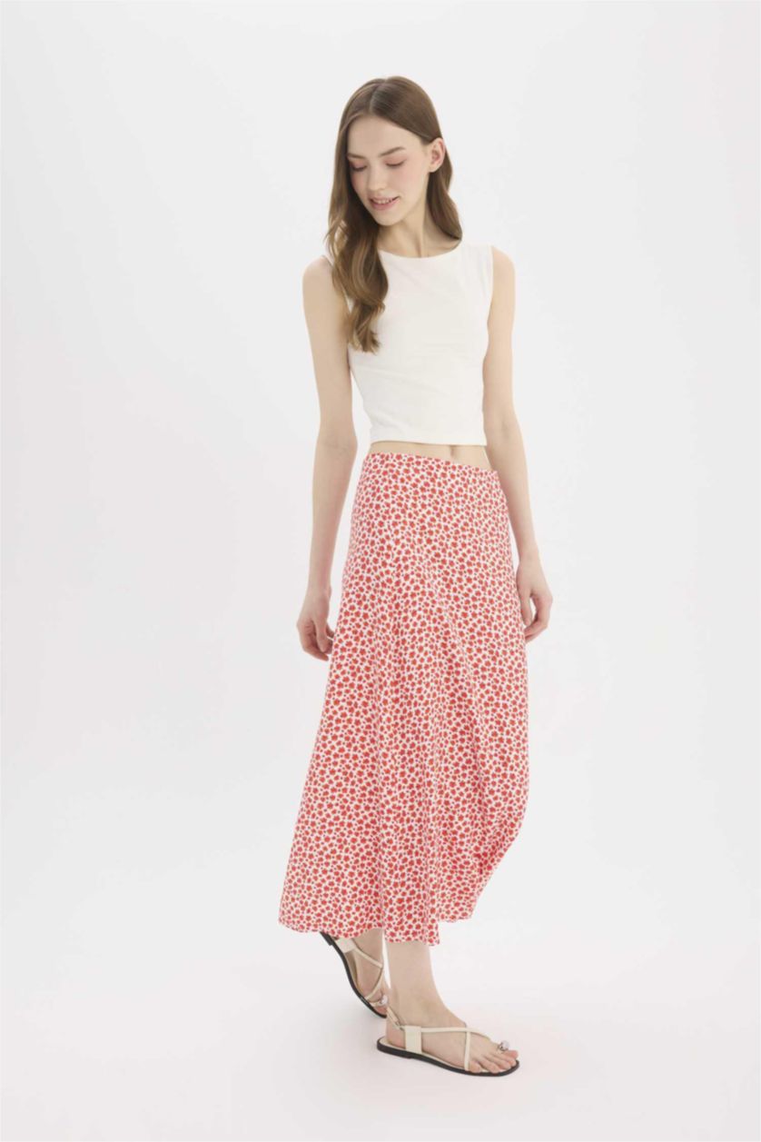 Woman Red A Cut Floral Normal Waist Maxi Skirt