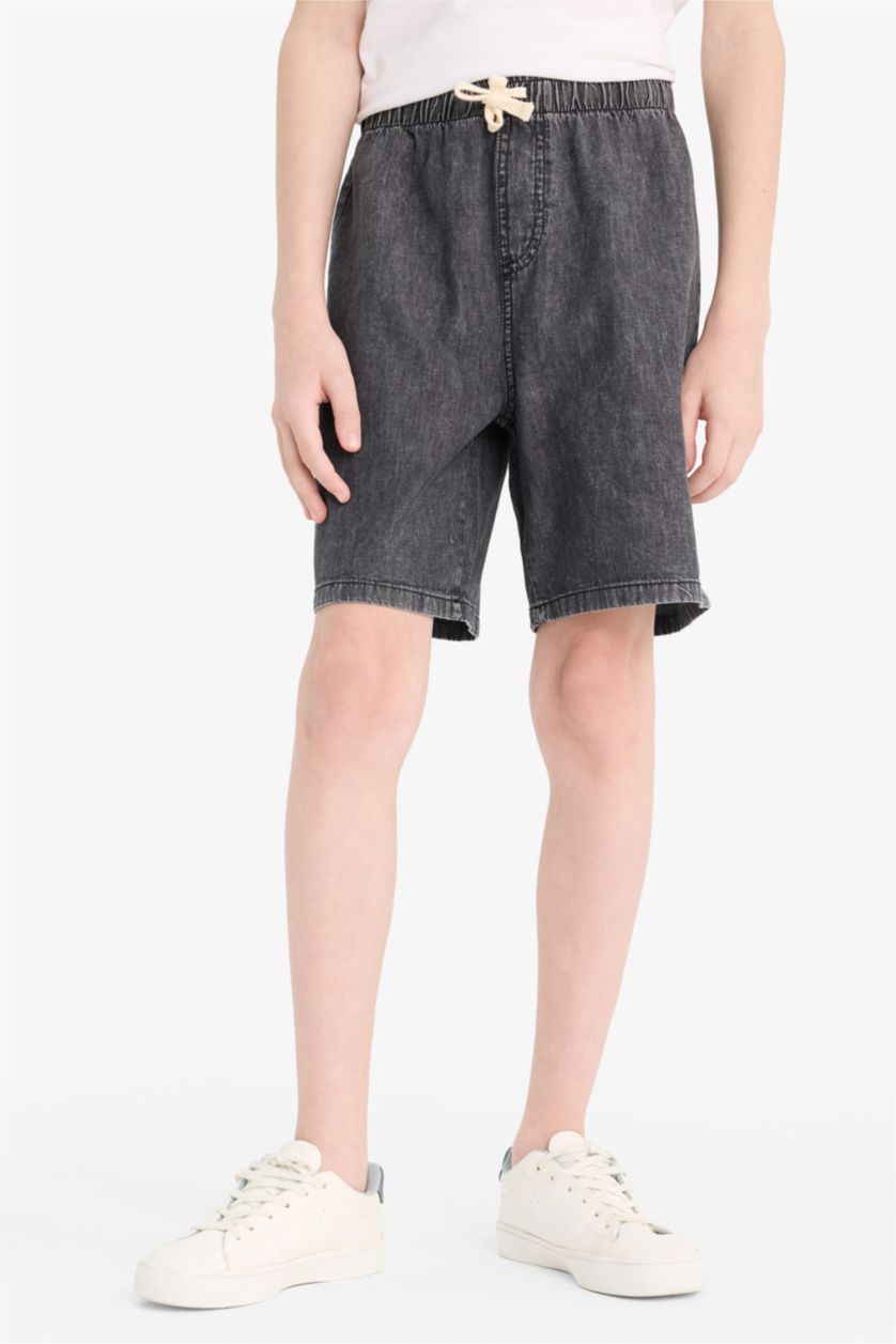 Erkek Çocuk - Genç Erkek Antrasit Beli Lastikli Jean Şort Erkek Çocuk