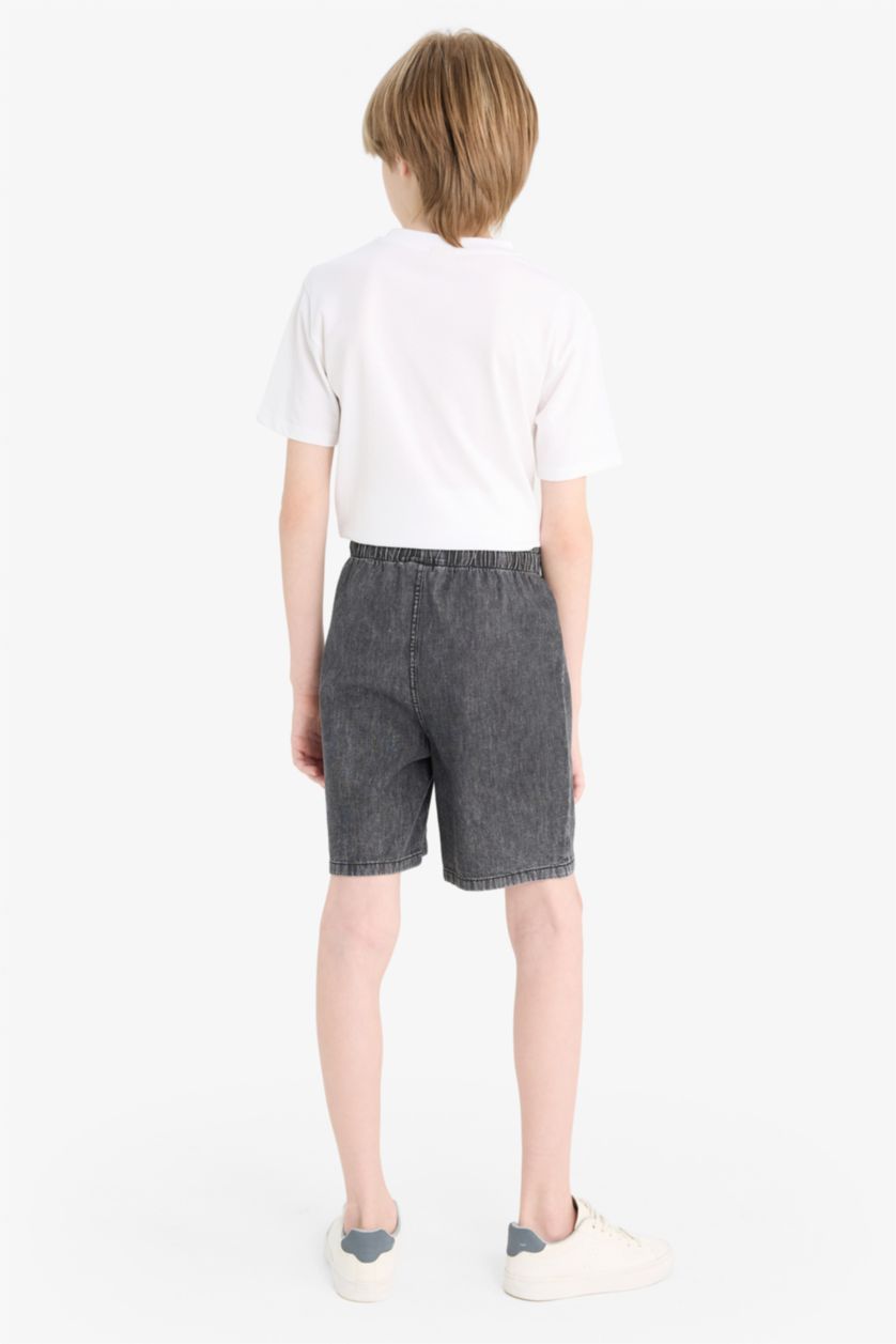 Erkek Çocuk - Genç Erkek Antrasit Beli Lastikli Jean Şort Erkek Çocuk