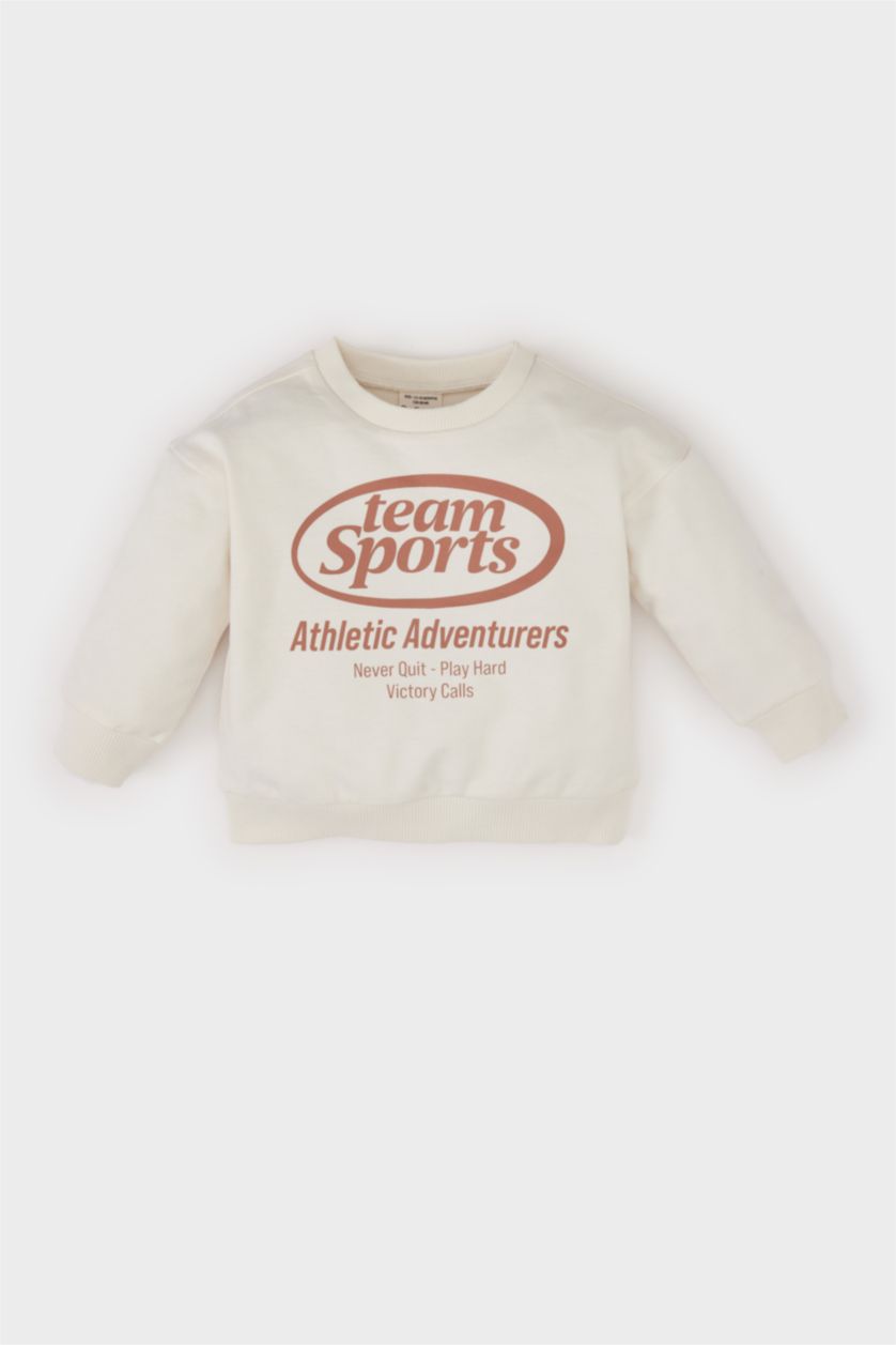 Erkek Bebek Ekru Bisiklet Yaka Baskılı Sweatshirt Erkek Bebek