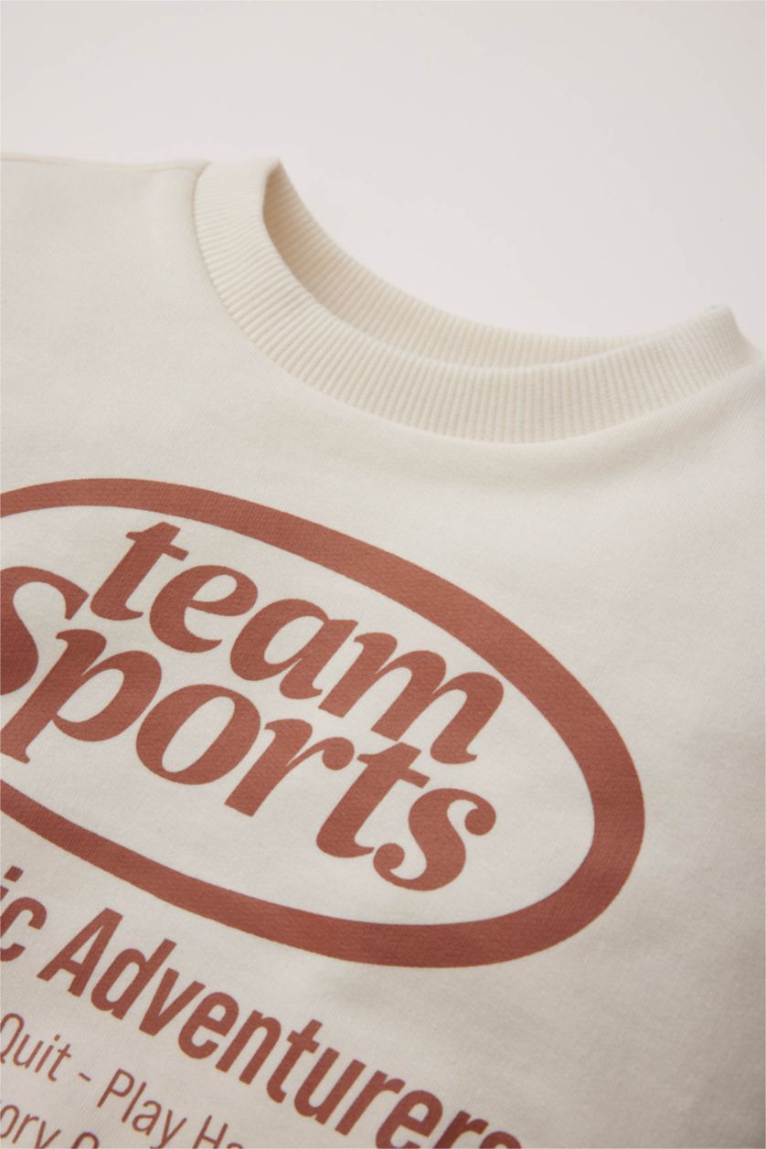 Erkek Bebek Ekru Bisiklet Yaka Baskılı Sweatshirt Erkek Bebek