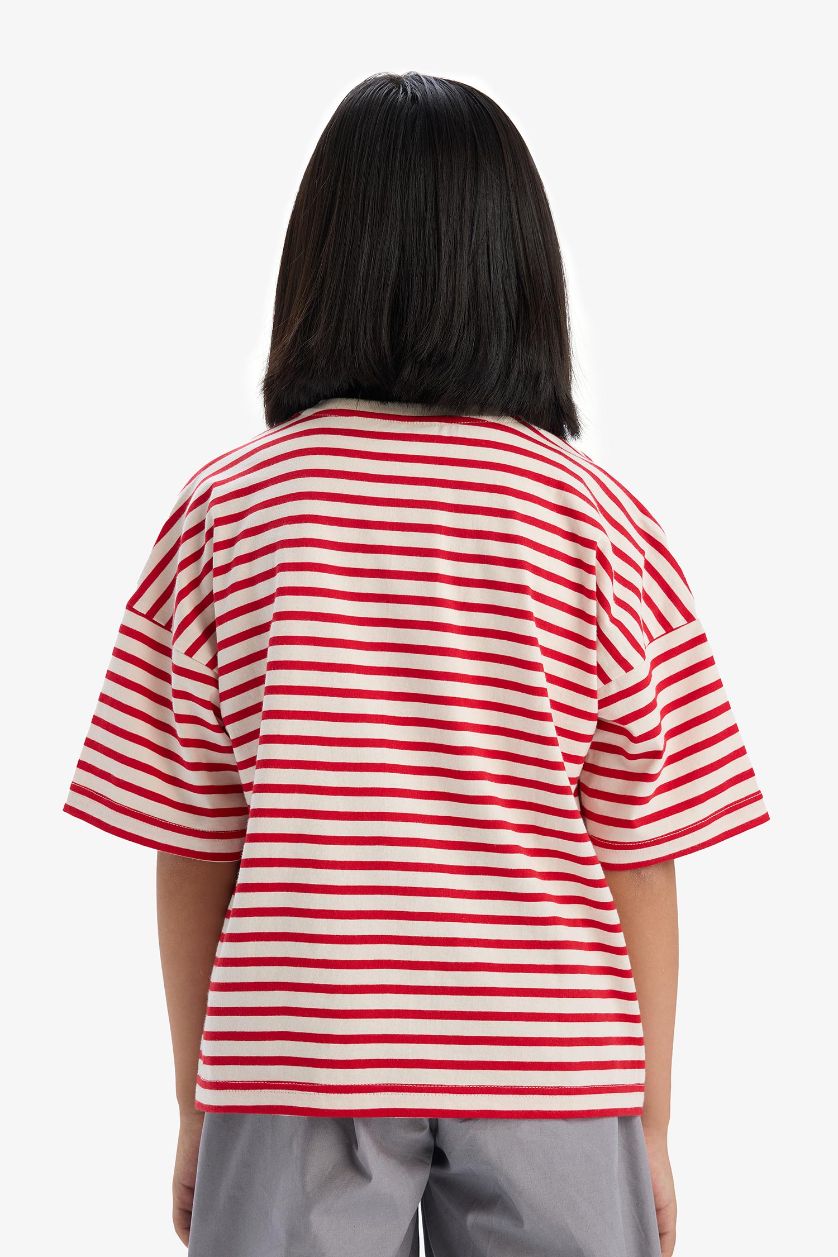 Kız Çocuk - Genç Kız Kırmızı Relax Fit Bisiklet Yaka Çizgili Kısa Kollu Tişört Kız Çocuk