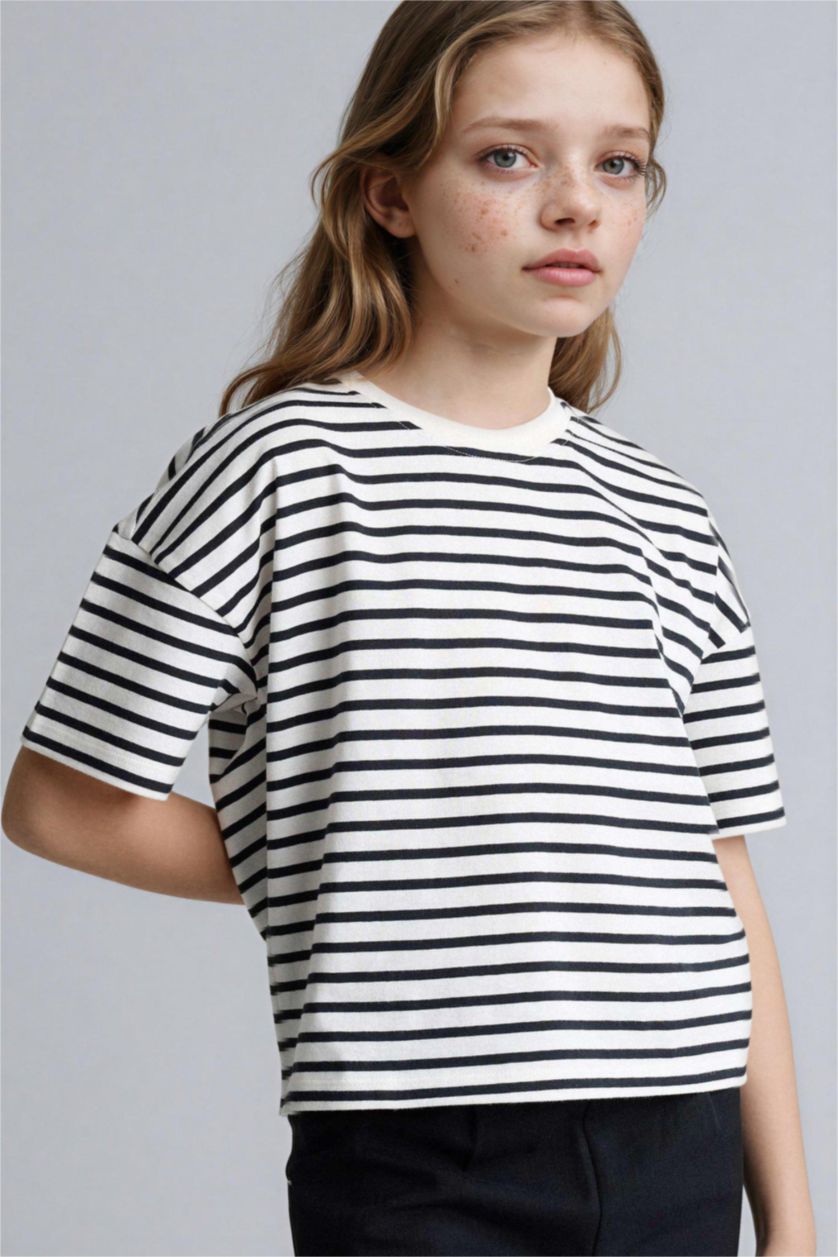 بناتي كحلي تيشيرت مخطط بناتي نص كم قصة مريحة برقبة مستديرة