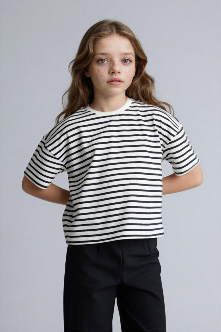 بناتي كحلي تيشيرت مخطط بناتي نص كم قصة مريحة برقبة مستديرة