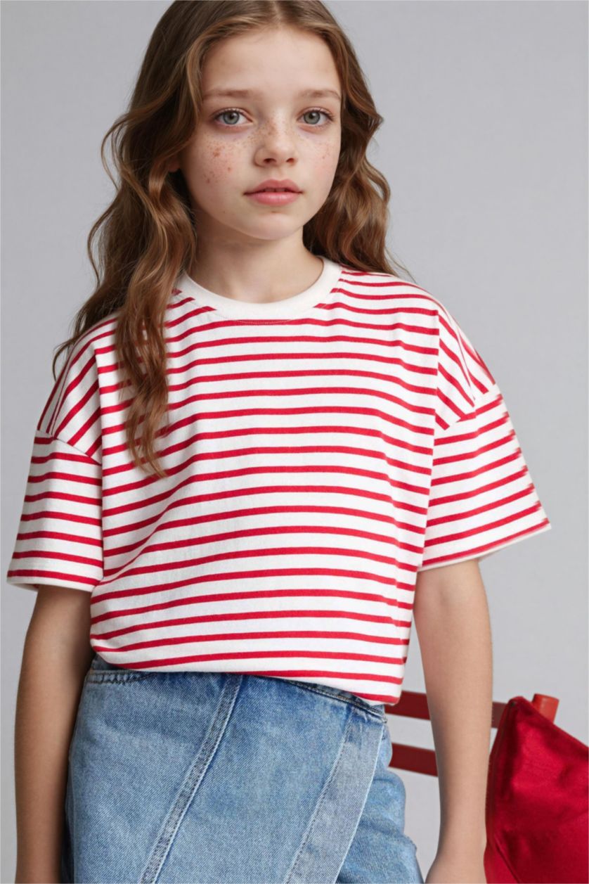GIRLS & TEENS Red Girl Relax Fit Crew Neck Striped T-Shirt