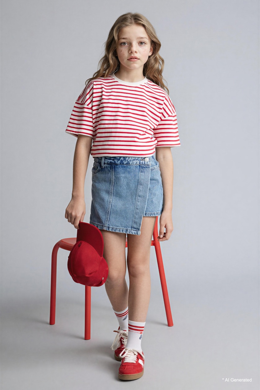 Young Girls - Teen Girls Red Girl Relax Fit Crew Neck Striped T-Shirt