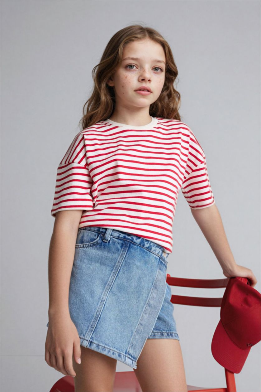 GIRLS & TEENS Red Girl Relax Fit Crew Neck Striped T-Shirt