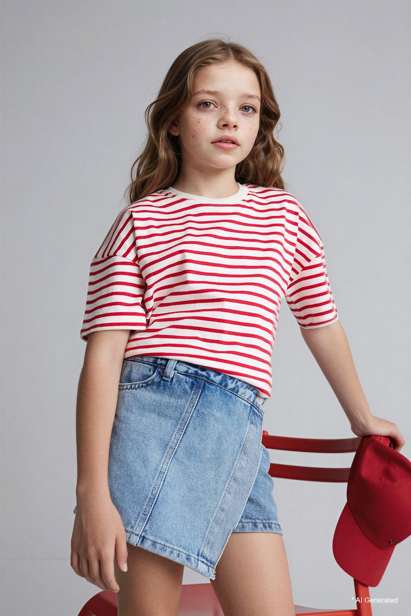 Young Girls - Teen Girls Red Girl Relax Fit Crew Neck Striped T-Shirt