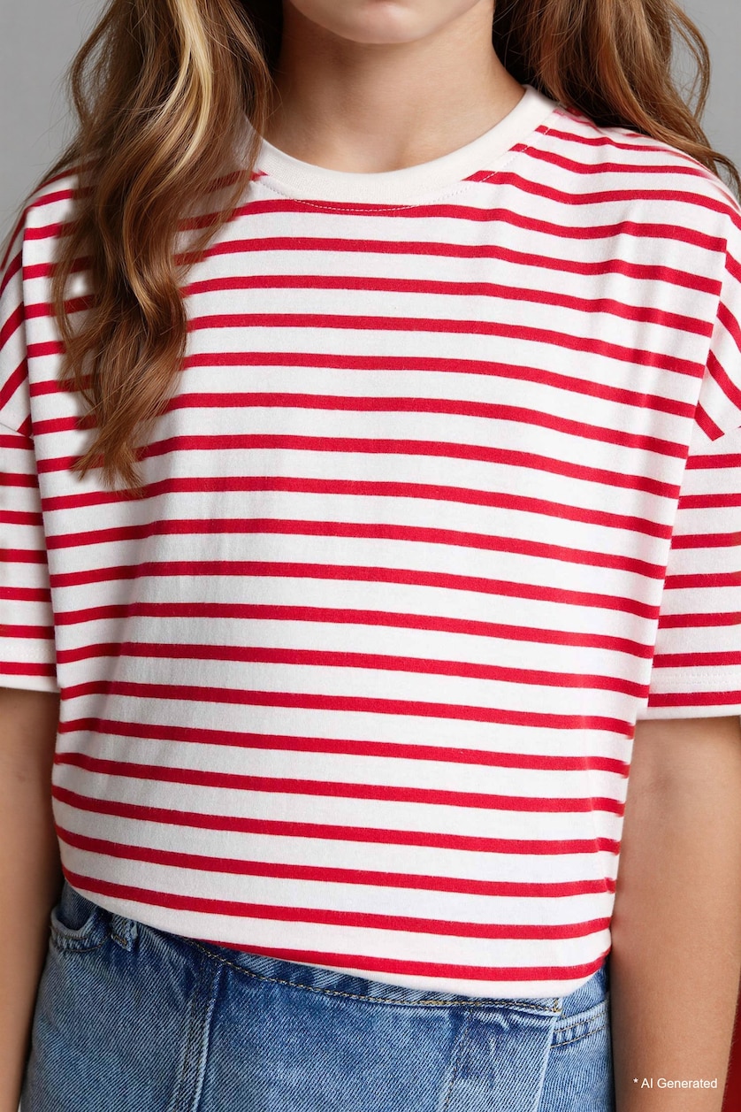 Young Girls - Teen Girls Red Girl Relax Fit Crew Neck Striped T-Shirt