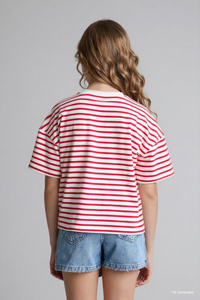 Young Girls - Teen Girls Red Girl Relax Fit Crew Neck Striped T-Shirt