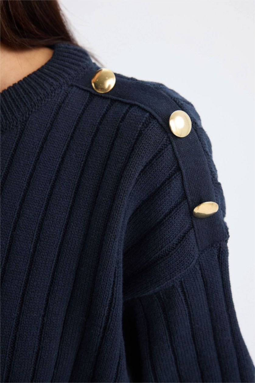 نساء كحلي بلوز صوف قصة مريحة بياخة مستديرة